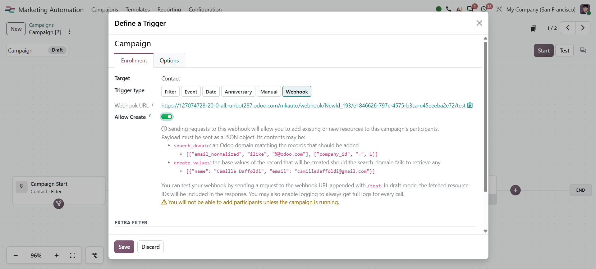 Odoo 20 nmarketing automation webhook