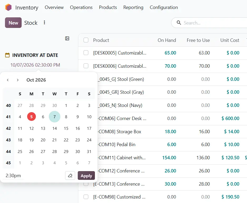 Odoo 20 inventory stock date picker