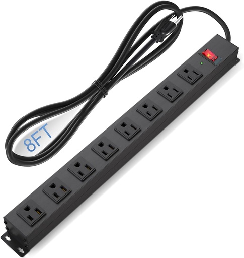 [P102007] 8 Outlet Power Strip with Surge Protector, 8 Feet, Metal